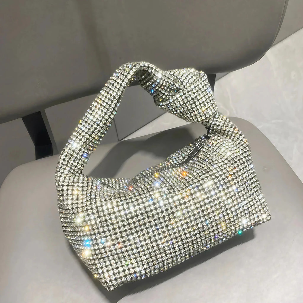 Petit sac de soirée femme à strass, anse à nœud, argenté