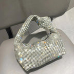 Petit sac de soirée femme à strass, anse à nœud, argenté