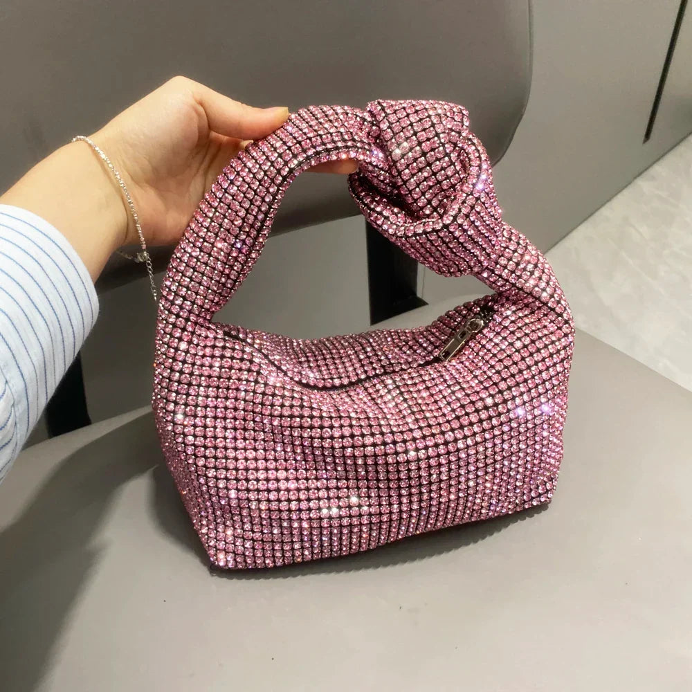 Petit sac de soirée femme à strass, anse à nœud, rose
