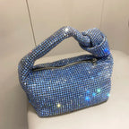 Petit sac de soirée femme à strass, anse à nœud, bleu