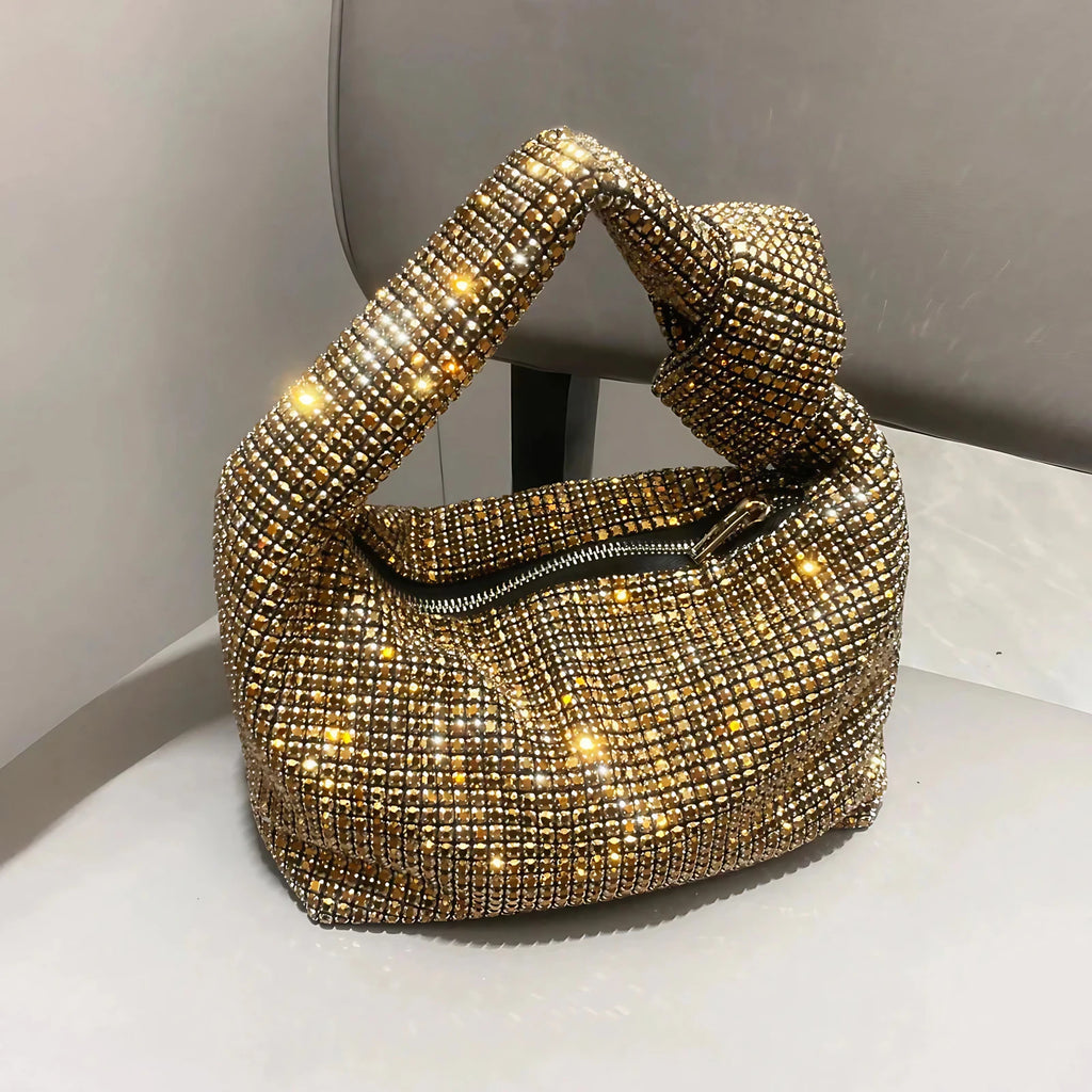 Petit sac de soirée femme à strass, anse à nœud, doré
