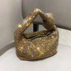 Petit sac de soirée femme à strass, anse à nœud, doré