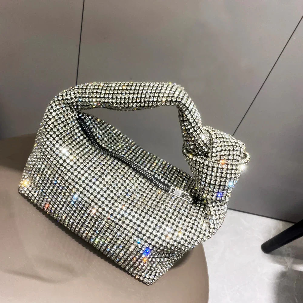 Petit sac de soirée femme à strass, anse à nœud