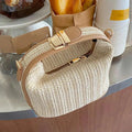 Mini sac en paille tressée femme, bordures similicuir, beige, beige
