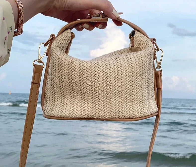 Mini sac en paille tressée femme, bordures similicuir, beige
