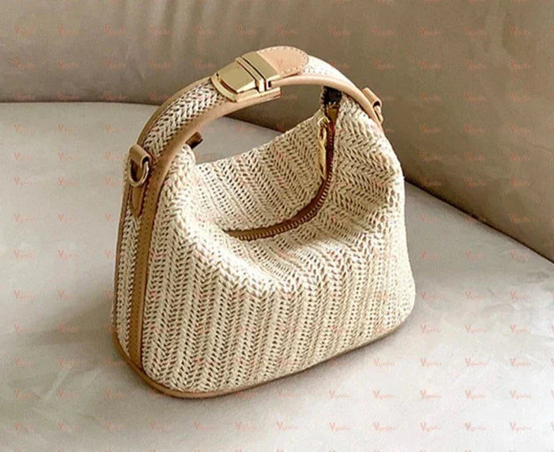 Mini sac en paille tressée femme, bordures similicuir, beige