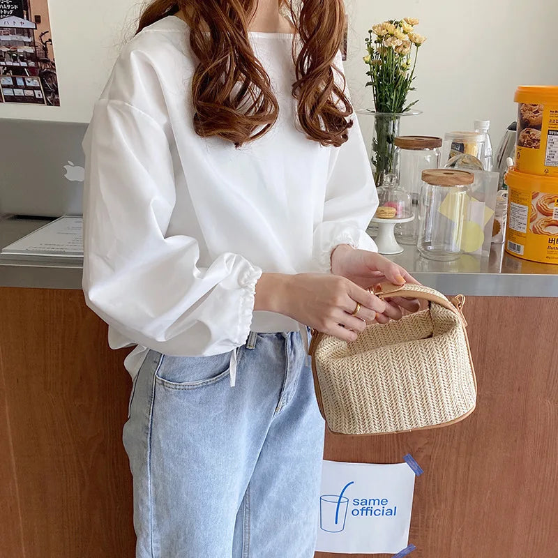 Mini sac en paille tressée femme, bordures similicuir, beige