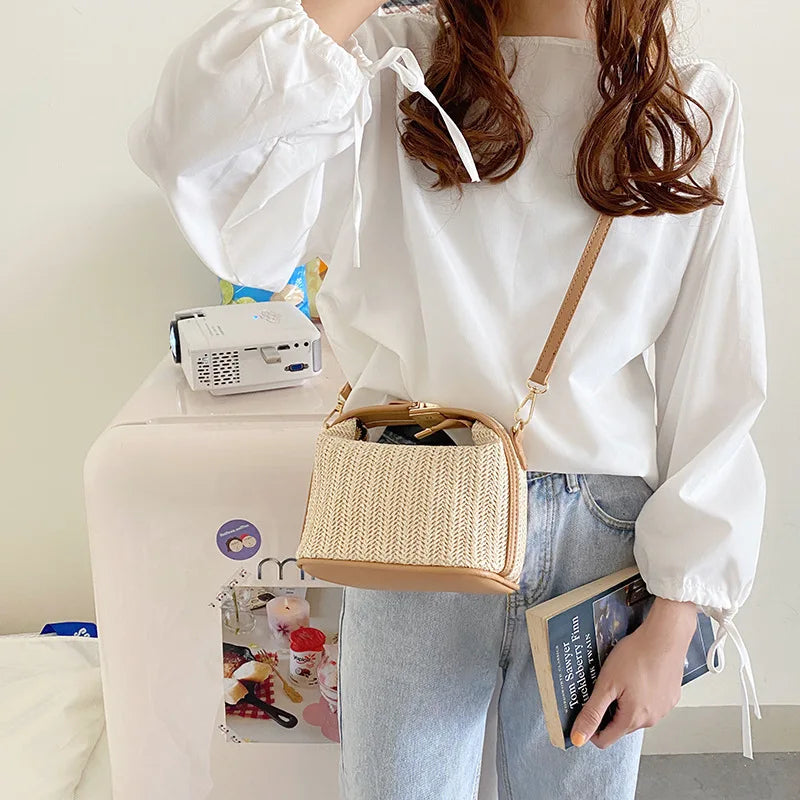 Mini sac en paille tressée femme, bordures similicuir, beige