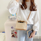 Mini sac en paille tressée femme, bordures similicuir, beige