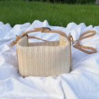 Mini sac en paille tressée femme, bordures similicuir, beige