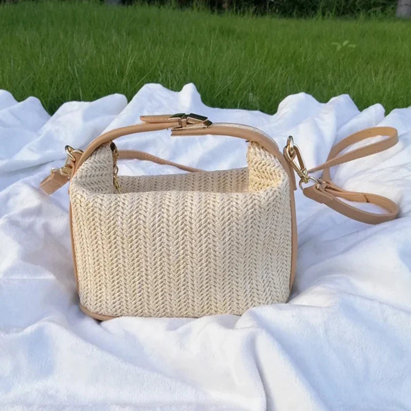 Mini sac en paille tressée femme, bordures similicuir, beige