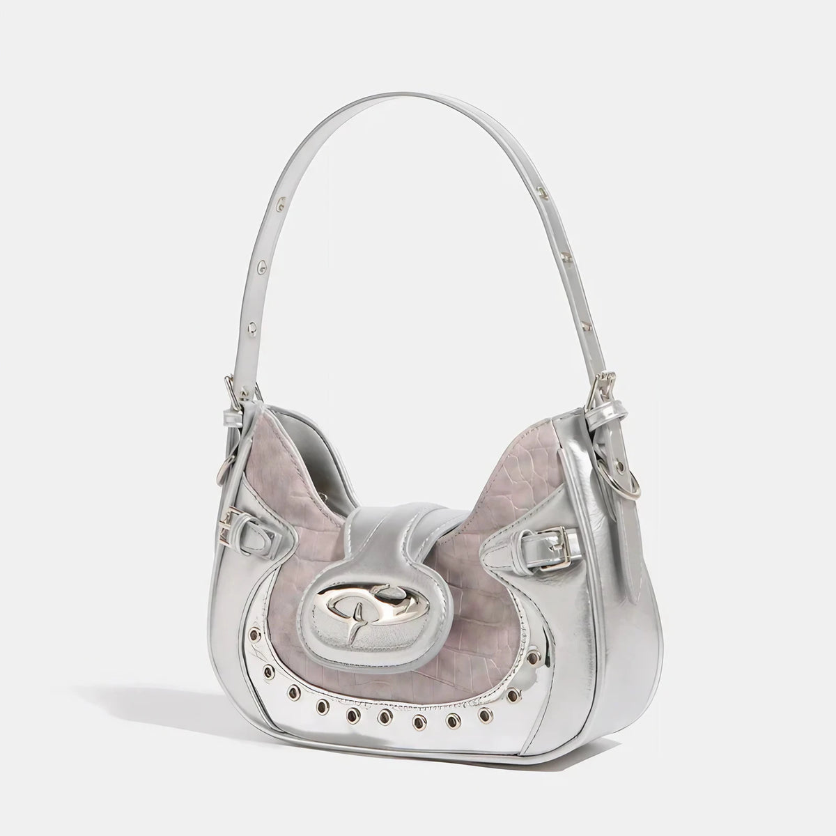 Mini sac hobo argenté à effet miroir et texture croco