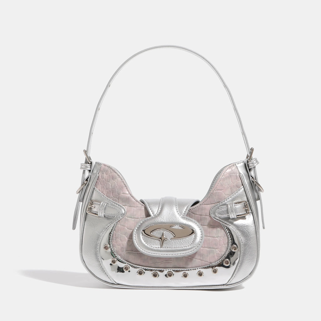 Mini sac hobo argenté à effet miroir et texture croco, argenté