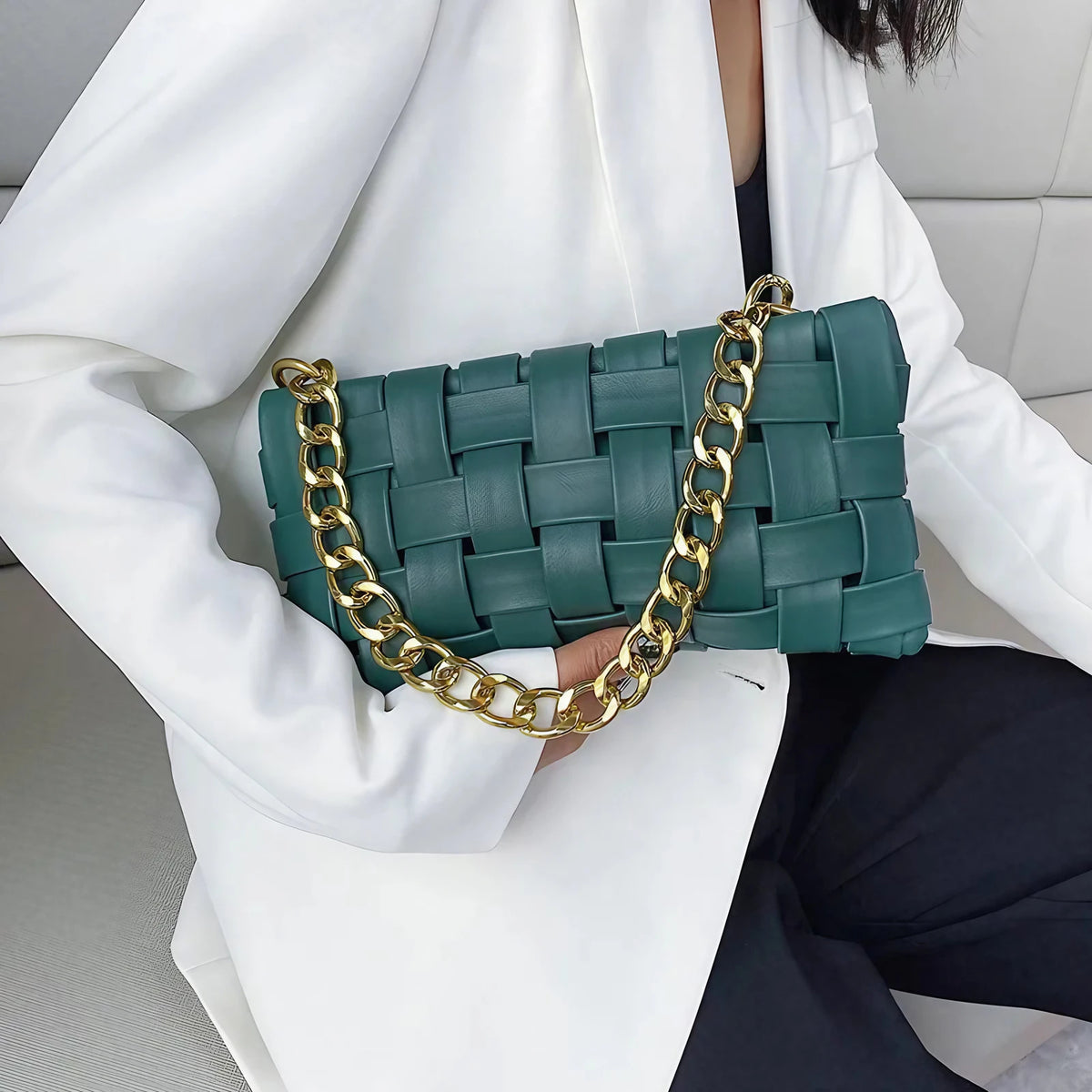 Petit sac pochette allongée femme en similicuir, 25 x 13 cm, bleu et vert
