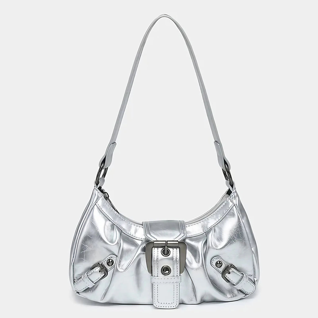 Petit sac argenté irisé femme à rabat et fermeture éclair, argenté