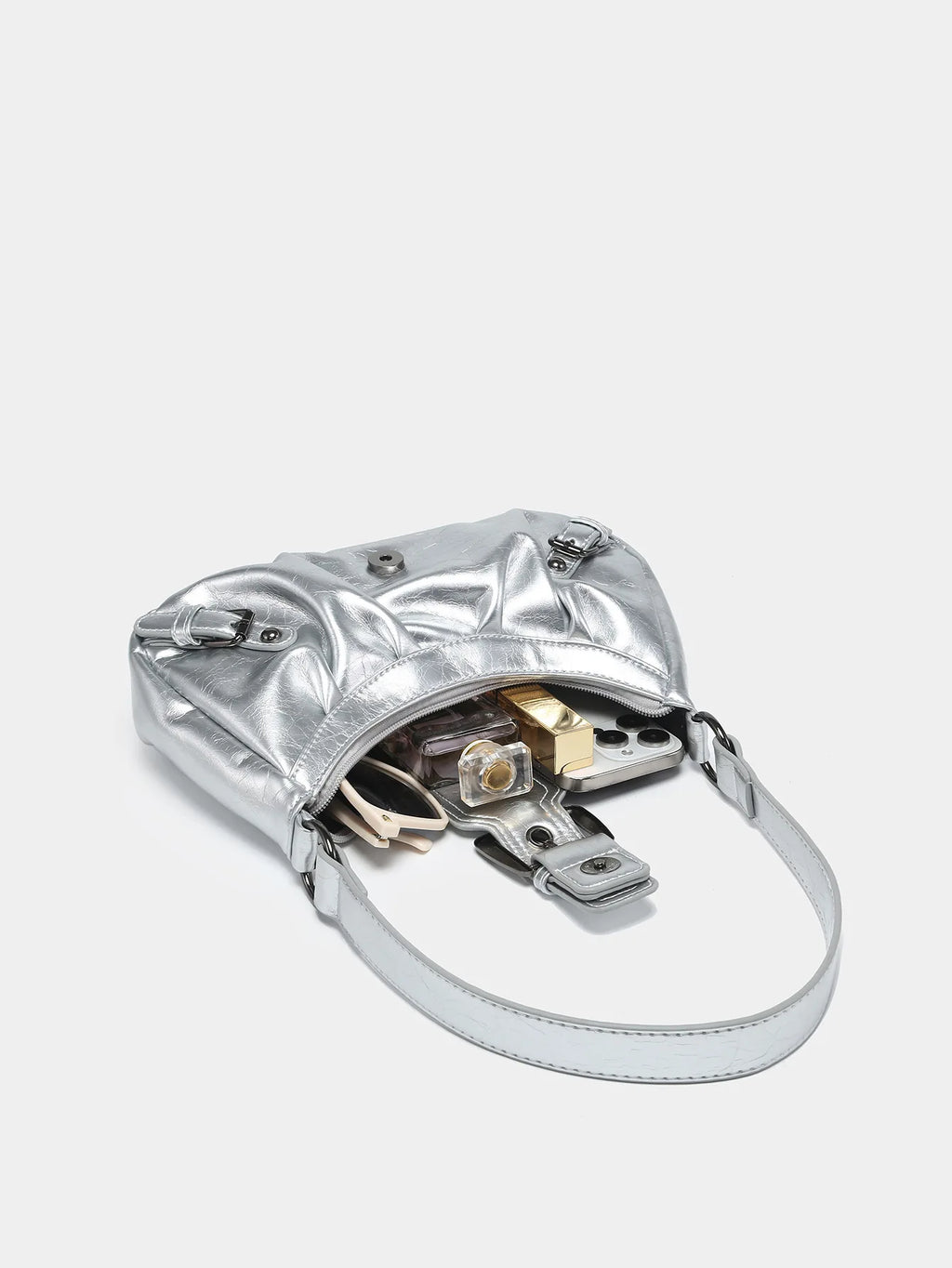 Petit sac argenté irisé femme à rabat et fermeture éclair