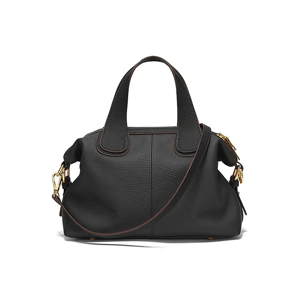 Sac bandoulière femme en cuir grainé, anses courtes, deux sangles, noir