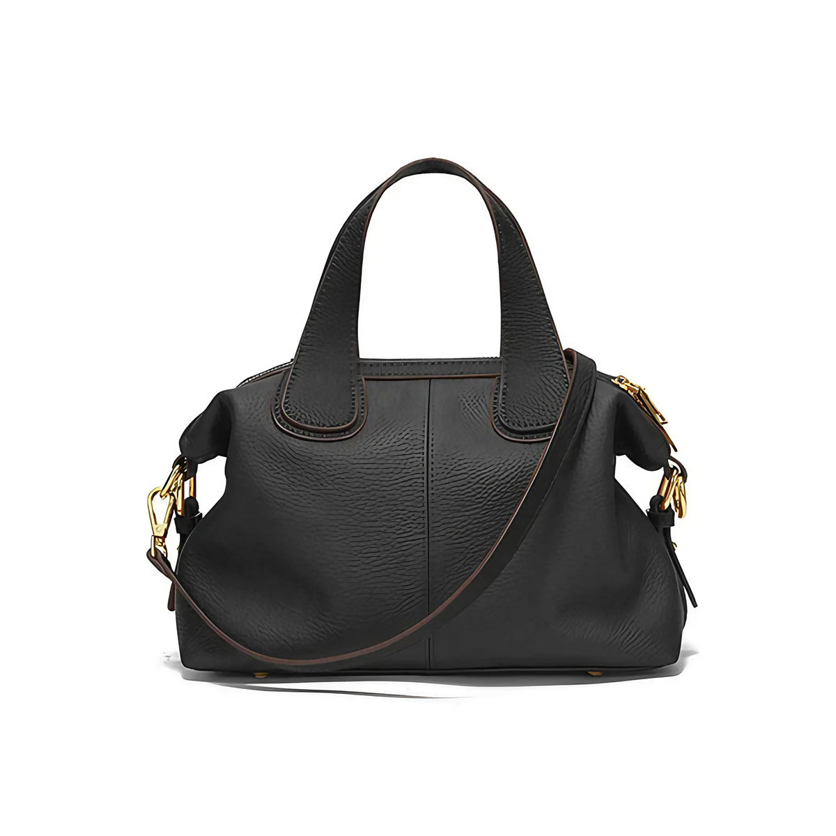 Sac bandoulière femme en cuir grainé, anses courtes, deux sangles, noir