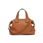 Sac bandoulière femme en cuir grainé, anses courtes, deux sangles, marron