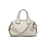 Sac bandoulière femme en cuir grainé, anses courtes, deux sangles, écru