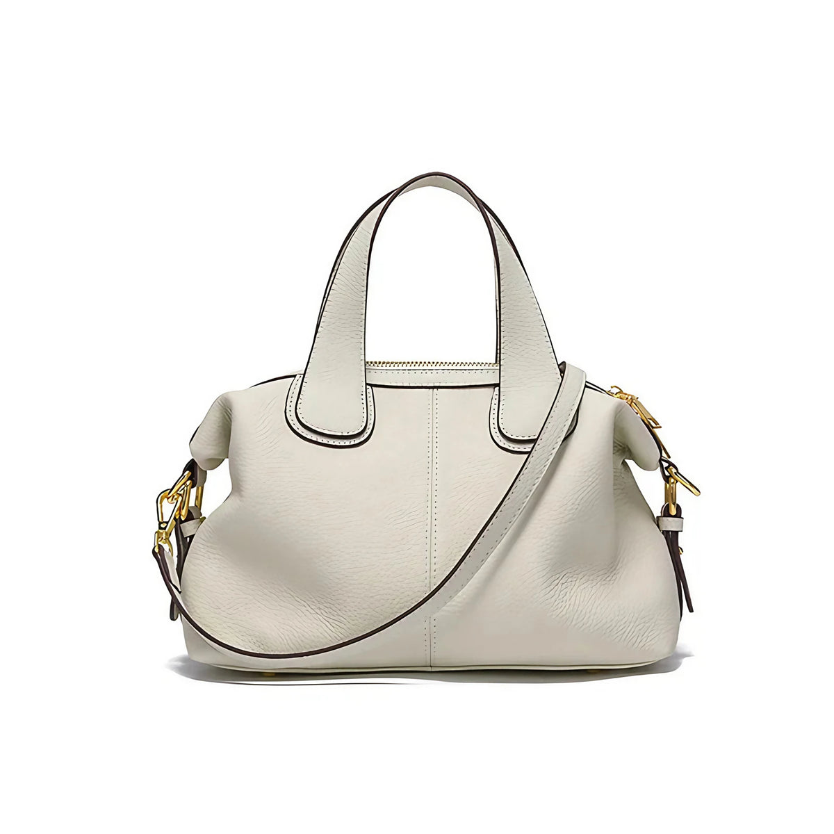 Sac bandoulière femme en cuir grainé, anses courtes, deux sangles, écru