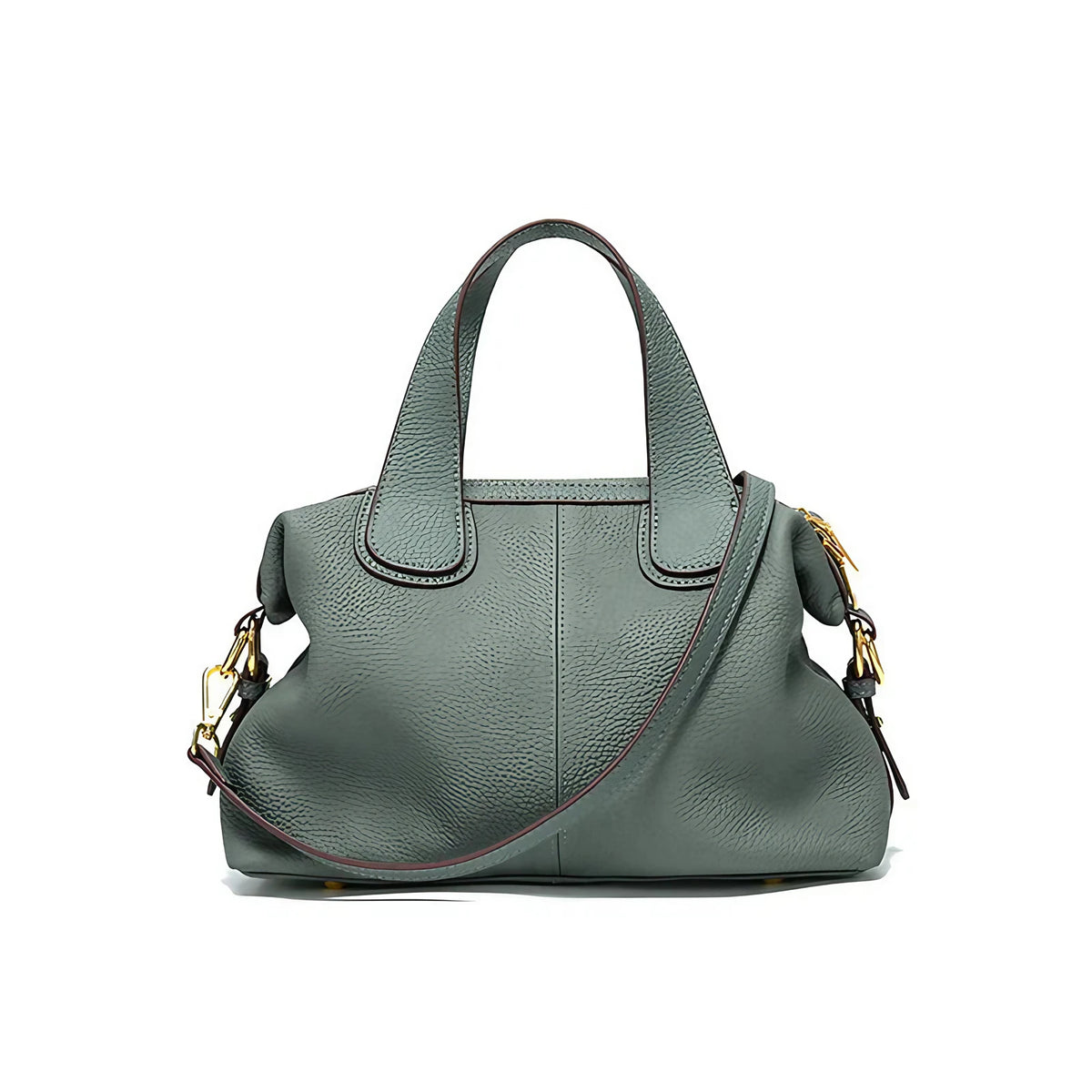 Sac bandoulière femme en cuir grainé, anses courtes, deux sangles, bleu et vert