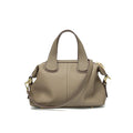 Sac bandoulière femme en cuir grainé, anses courtes, deux sangles, gris et beige