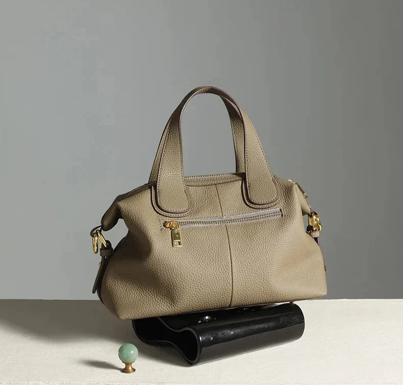 Sac bandoulière femme en cuir grainé, anses courtes, deux sangles