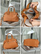 Sac bandoulière femme en cuir grainé, anses courtes, deux sangles
