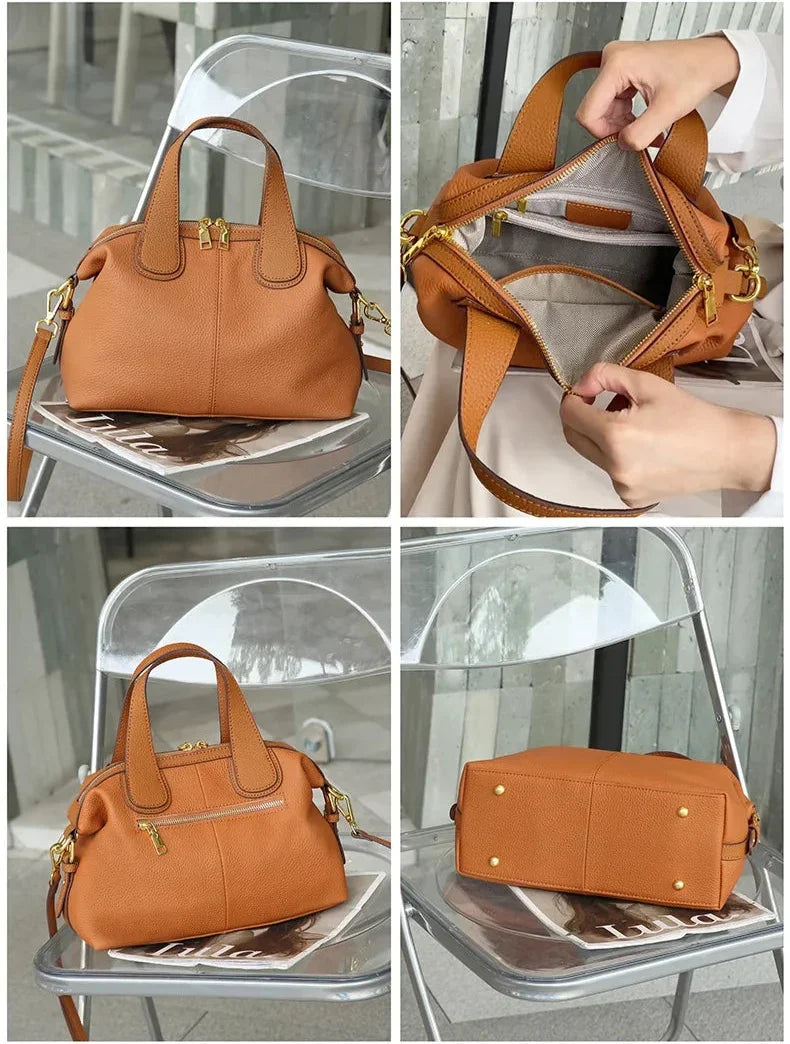 Sac bandoulière femme en cuir grainé, anses courtes, deux sangles