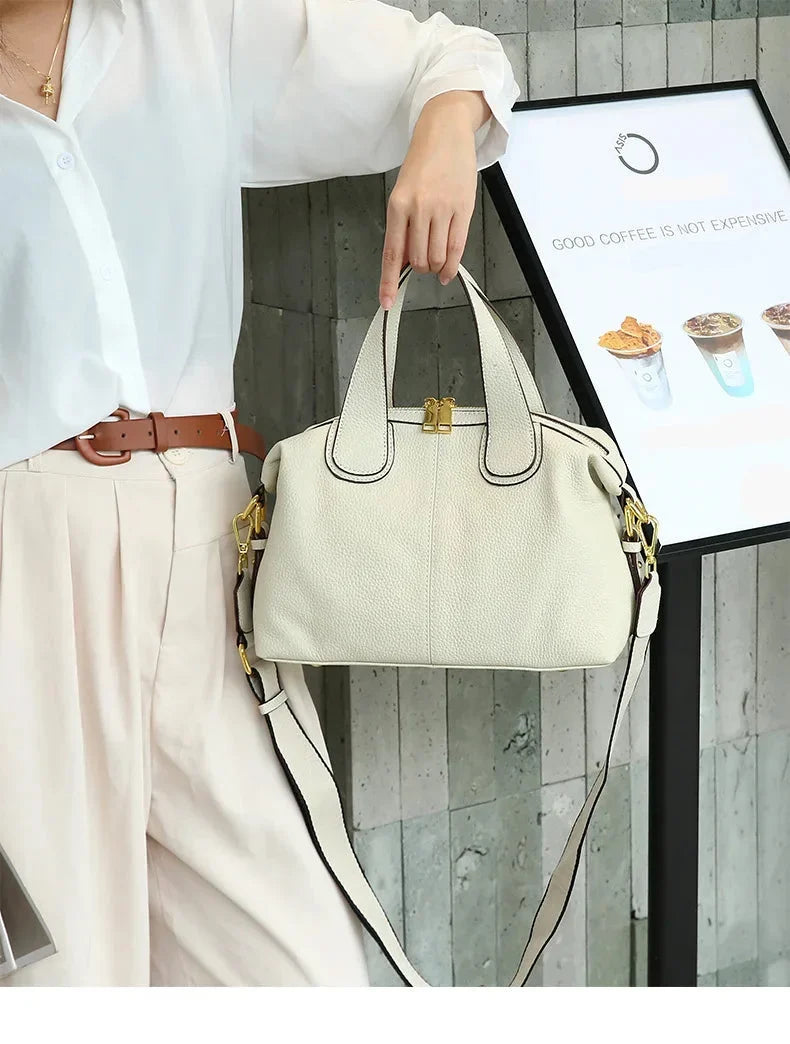 Sac bandoulière femme en cuir grainé, anses courtes, deux sangles