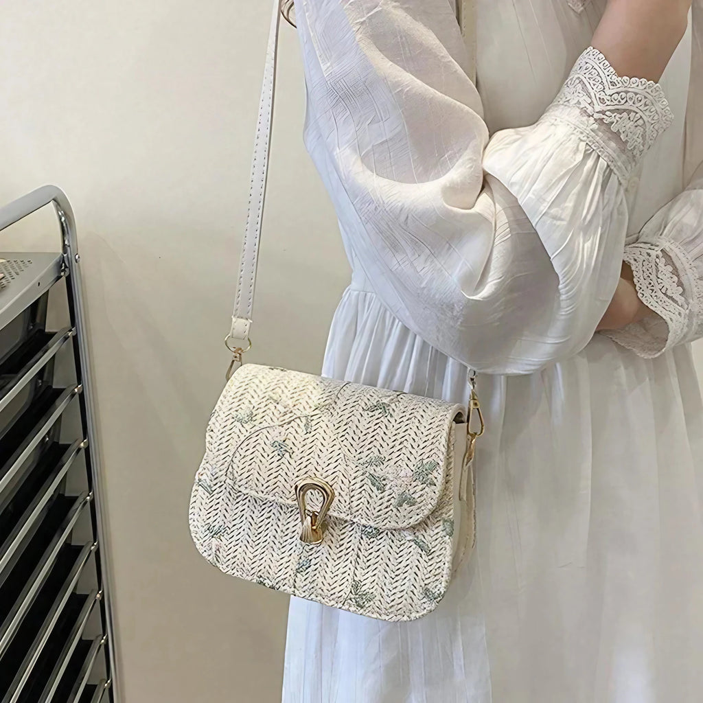 Sac en paille brodé de fleurs femme, rabat, bandoulière amovible
