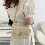 Sac en paille brodé de fleurs femme, rabat, bandoulière amovible