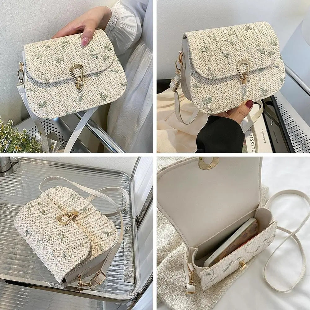 Sac en paille brodé de fleurs femme, rabat, bandoulière amovible