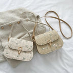 Sac en paille brodé de fleurs femme, rabat, bandoulière amovible