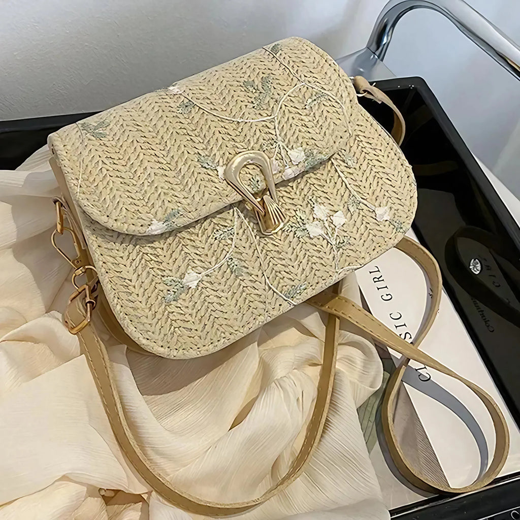 Sac en paille brodé de fleurs femme, rabat, bandoulière amovible, beige