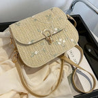 Sac en paille brodé de fleurs femme, rabat, bandoulière amovible, beige