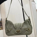 Petit sac à main en toile verte effet denim, lanière à rabat, vert