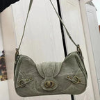 Petit sac à main en toile verte effet denim, lanière à rabat, vert