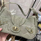 Petit sac à main en toile verte effet denim, lanière à rabat