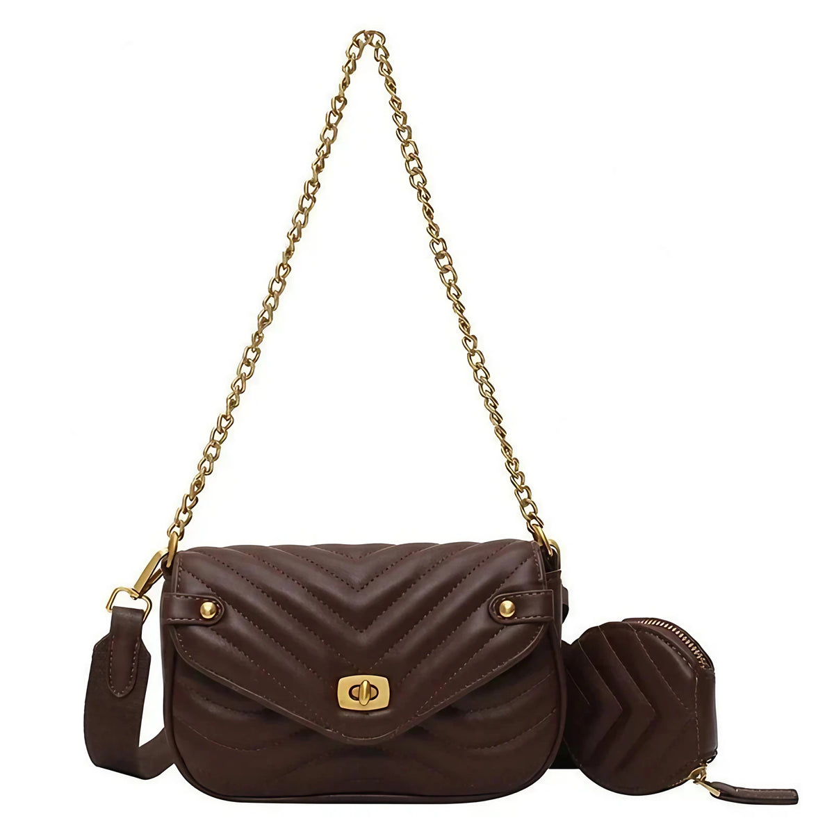 Petit sac à main femme matelassé, chaîne dorée et bandoulière, marron