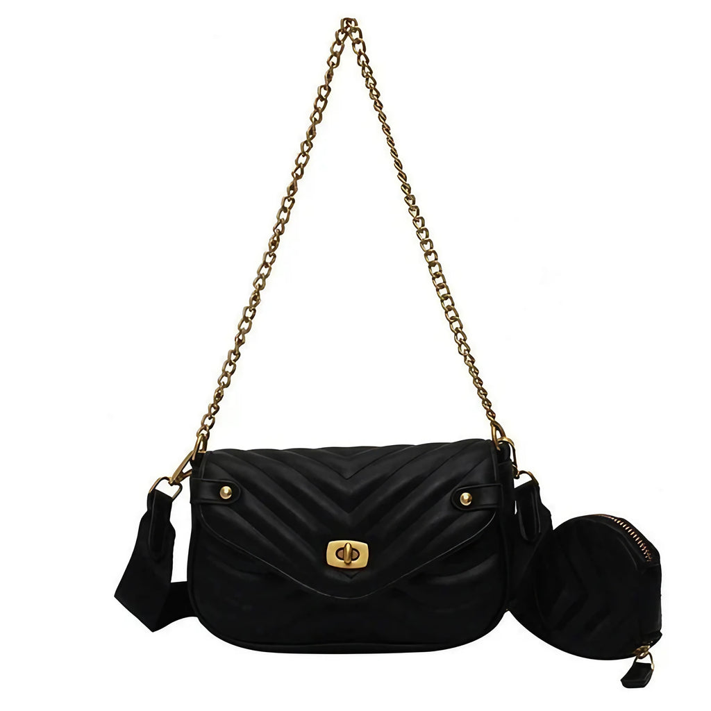 Petit sac à main femme matelassé, chaîne dorée et bandoulière, noir