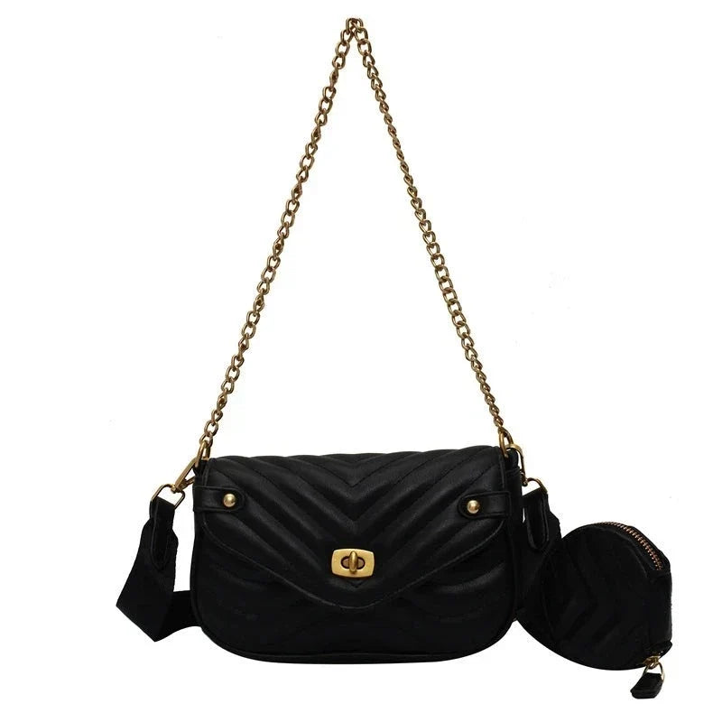 Petit sac à main femme matelassé, chaîne dorée et bandoulière, noir