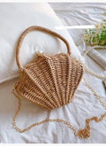 Sac à main femme en paille forme coquillage, chaîne dorée, beige