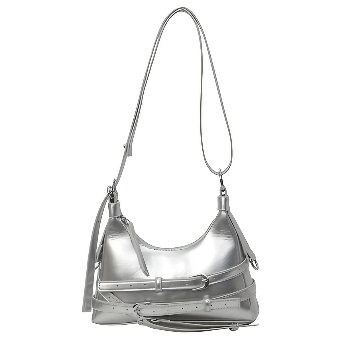 Petit sac trapèze femme en similicuir lisse, style rock, argenté