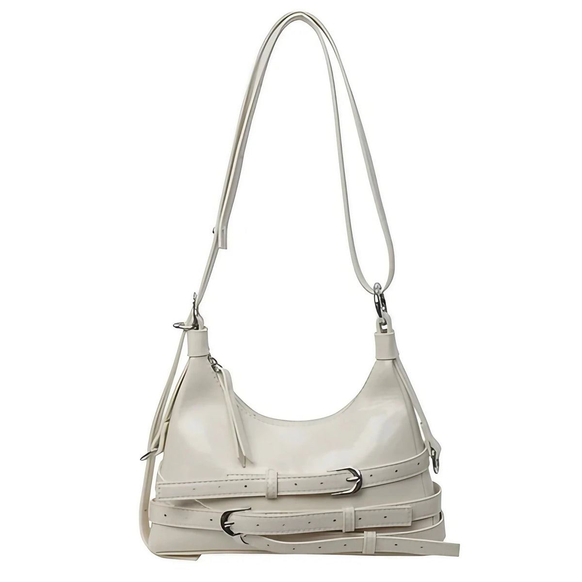 Petit sac trapèze femme en similicuir lisse, style rock, crème