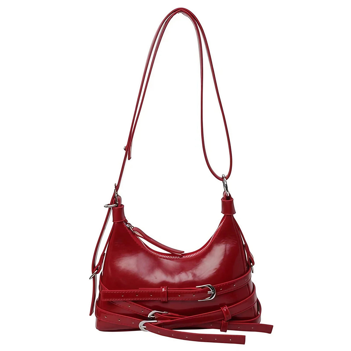 Petit sac trapèze femme en similicuir lisse, style rock, rouge foncé
