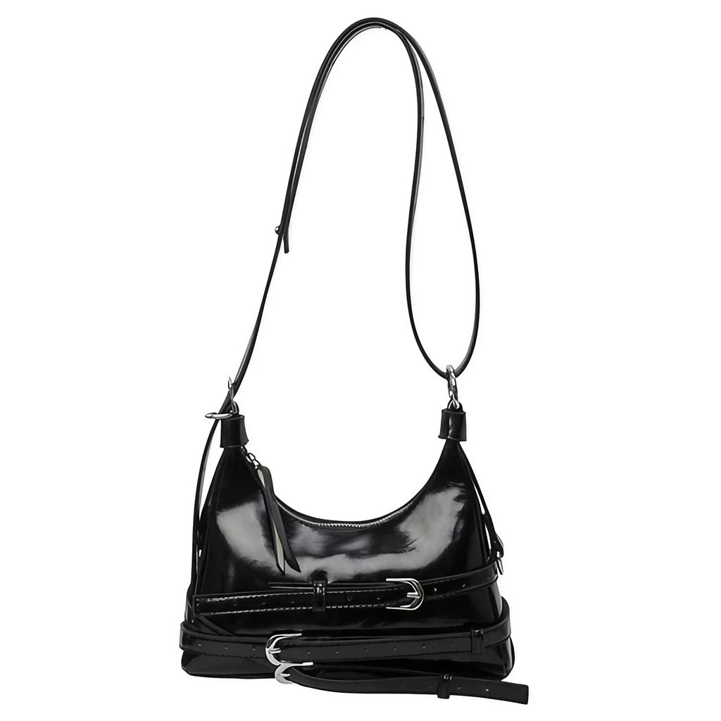 Petit sac trapèze femme en similicuir lisse, style rock, noir