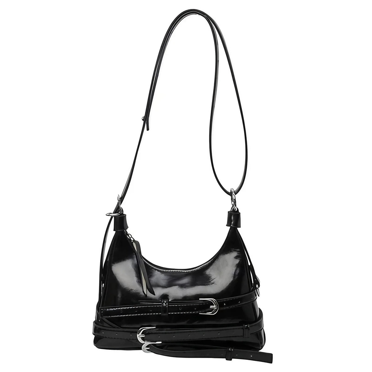 Petit sac trapèze femme en similicuir lisse, style rock, noir