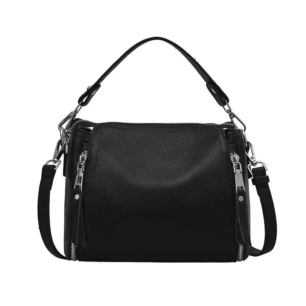 Petit sac à main noir femme en similicuir, fermeture éclair, noir